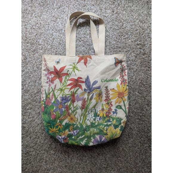 Harlequin Mills Handbags - Harlequin Mills Canvas Tote Bag Women's Cream Joyce Reed Floral Print 1992 Art